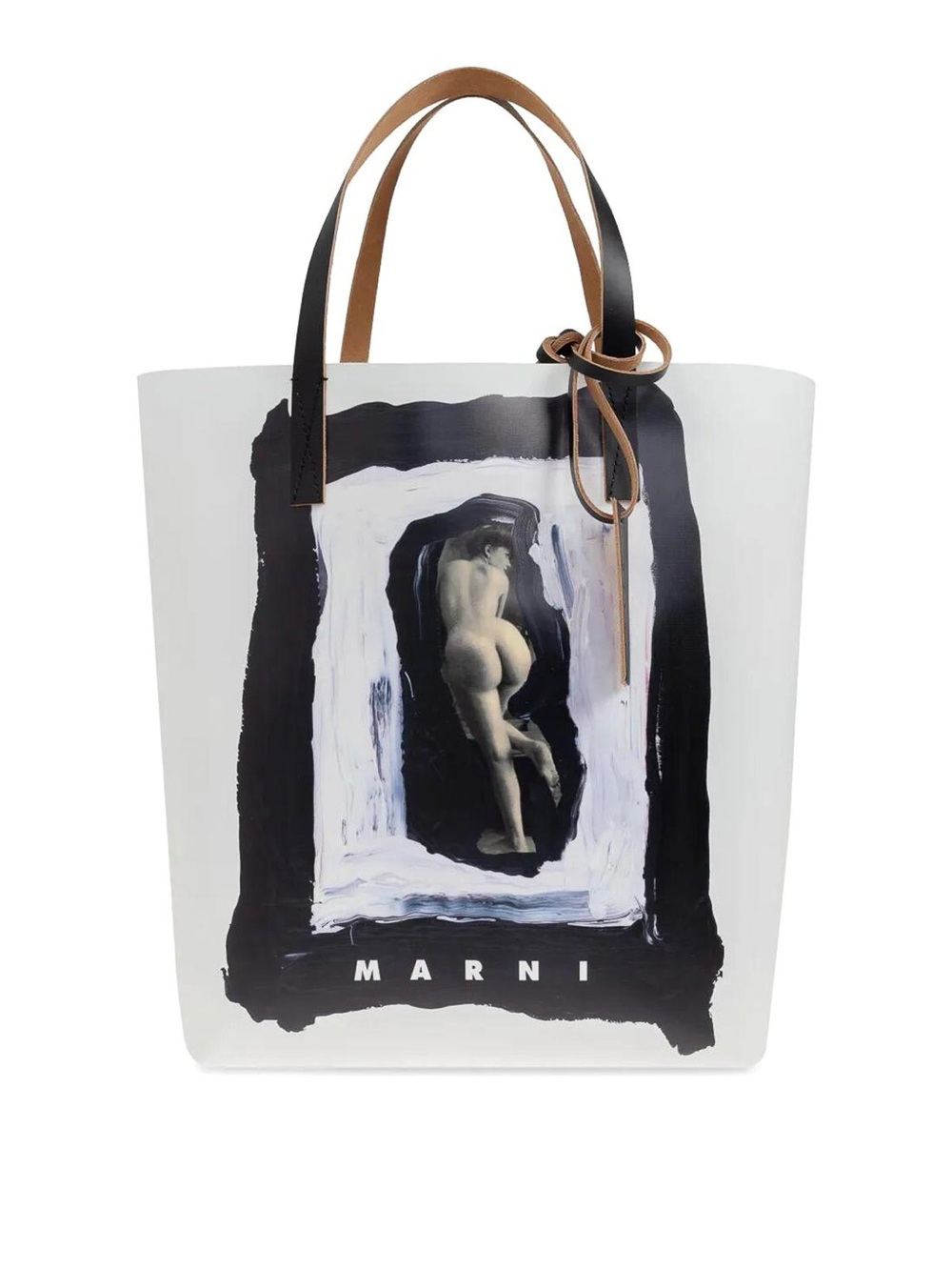 Marni Tribeca White Painted Print Leather handles Tote with Black and Tan Handle